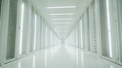 Obraz premium Bright, long, white corridor with server racks on either side.
