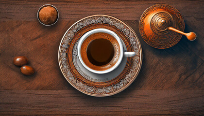 Cup of coffee on a wooden table. Top view, flat lay