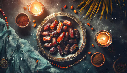 Dates fruit, tea and spices on white table, top view