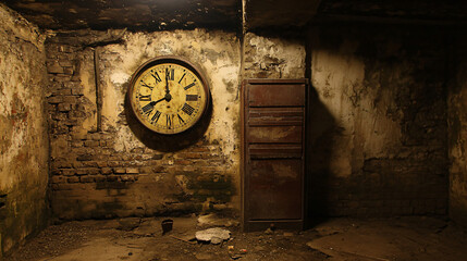 A small cellar space with an ancient clock, ticking softly even though it has no hands.