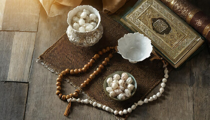 Holy Quran, rosary beads and rosary on wooden background