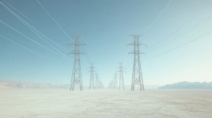 Power lines stretch across a vast, desolate desert landscape under a clear sky.