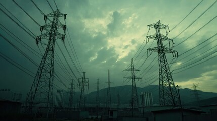 Dark, stormy sky over high voltage power lines and industrial landscape.