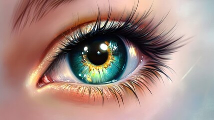 Fototapeta premium Close-up of a vibrant teal eye with golden flecks and long lashes, digitally painted.