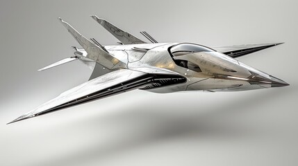 A futuristic jet aircraft with sleek, metallic design and sharp angles.