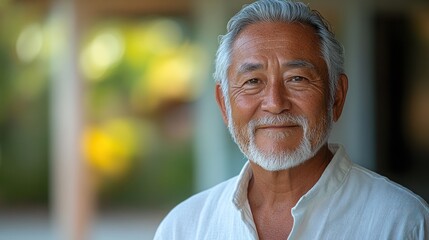 Portrait of a smiling senior Asian man with gray hair and beard, outdoors.