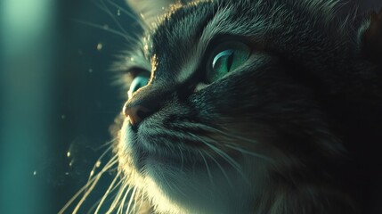 Close-up portrait of a tabby cat with green eyes, looking to the side, illuminated by soft light.