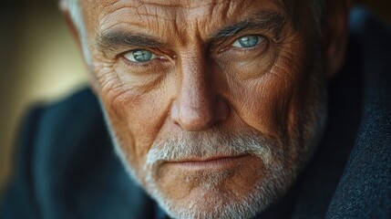 Obraz premium Close-up portrait of a senior man with intense blue eyes and a serious expression.