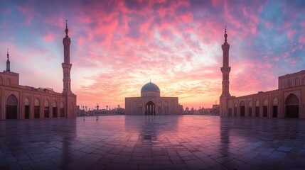 Majestic mosque at sunrise, reflecting in a tranquil courtyard.
