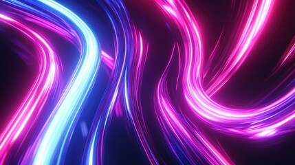 Obraz premium Abstract glowing neon light swirls, pink and blue dynamic curves on black background.