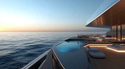 Luxury yacht deck with infinity pool at sunset.