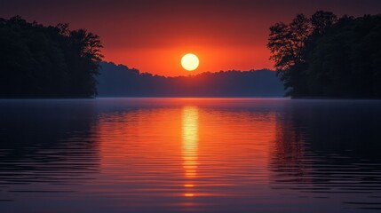 Obraz premium Vibrant sunrise over calm lake with silhouetted trees reflecting in still water.