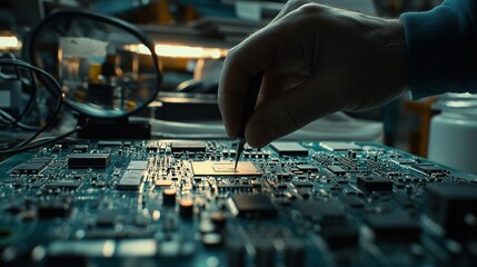 Naklejka premium Close-up of a hand using tweezers to carefully place a microchip onto a circuit board during manufacturing.