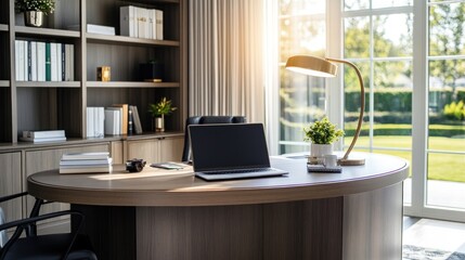 Fototapeta premium Sunlit home office with laptop on oval desk, bookshelves, and garden view.
