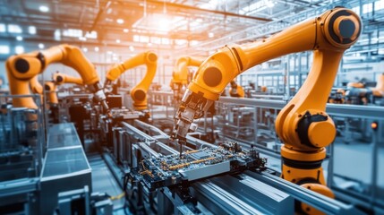 Fototapeta premium Automated robotic arms assembling circuit boards on a production line in a modern factory.