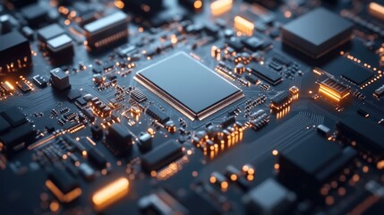 Fototapeta premium Close-up of a central processing unit (CPU) on a circuit board, glowing components.