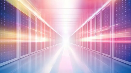 Futuristic server room with glowing lights and data streams.