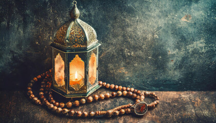 Lantern and rosary on dark background. Ramadan Kareem concept