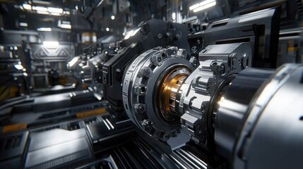 Close-up of intricate metallic machinery, showcasing gears, shafts, and complex engineering.