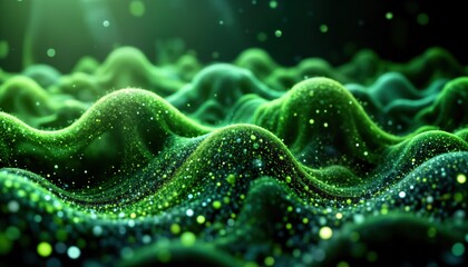 Abstract wavy green texture. Digital tech pattern with glowing particles. Modern tech illustration for background design. High-tech abstract pattern. Dynamic data flow concept. Future tech idea.