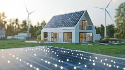 Obraz premium Modern eco-friendly house with solar panels and wind turbines.