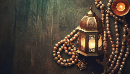 Vintage lantern and rosary beads on wooden table. Ramadan Kareem background