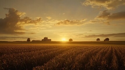 Golden sunset over rural landscape with farmhouse silhouetted against sun.