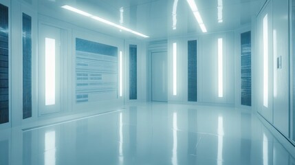 Fototapeta premium Sterile futuristic hallway with bright lights and sleek white walls.
