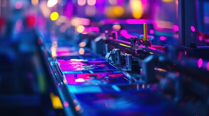 Close-up of colorful printing press in action, showcasing vibrant colors and intricate machinery.