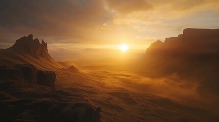 Dramatic mountain sunrise landscape with golden light illuminating mist-covered valley.