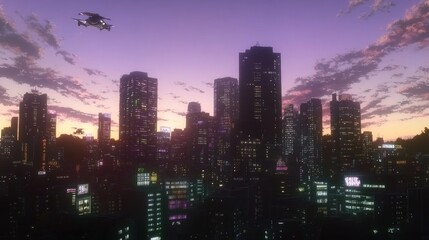 Fototapeta premium Futuristic cityscape at sunset with a helicopter flying overhead.