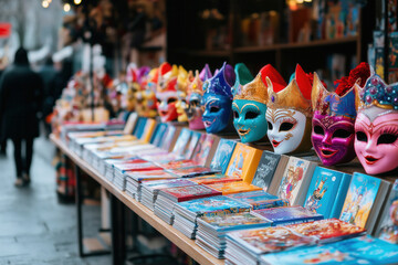 Obraz premium minimalist photo of a literary stand with books about carnivals, covers decorated with bright images of masks and floats