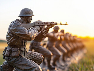 A historical battlefield with a memorial statue honoring soldiers