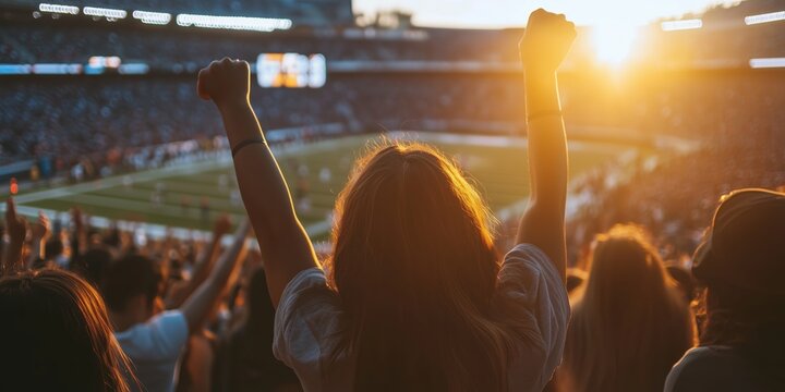 Female sports fan cheering at a college football game