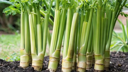 Obraz premium Fresh Celery Stalks Growing Upright in Rich Dark Soil Garden