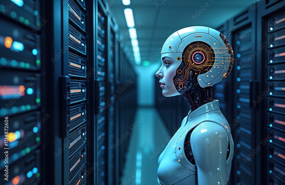 Poster futuristic robot stands in server room. ai tech in action. modern cyber-security system. cyborg obse