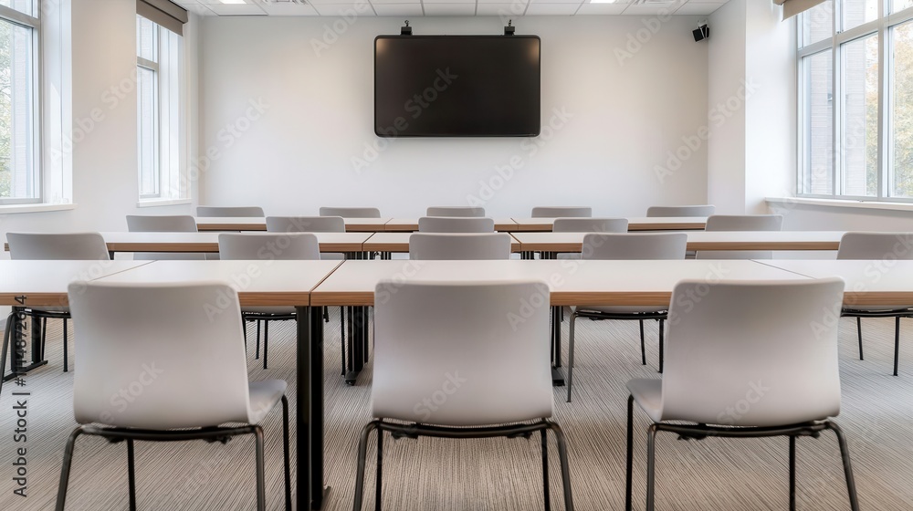 Poster modern classroom setup with rows of desks and chairs in bright room