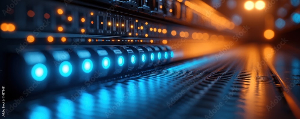 Poster futuristic data center with glowing cables transmitting information in cyberpunk style