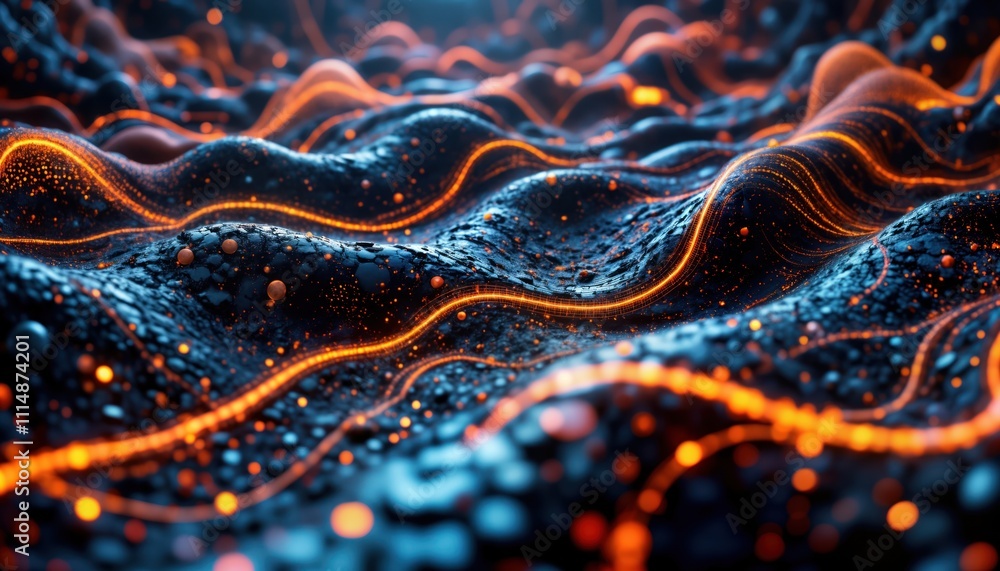 Fototapete Abstract tech illustration shows data flow patterns. Dynamic energy lines, particles create futuristic graphic. Complex digital network visualized in space. Modern design concept for high tech