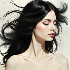 Fototapeta premium Beautiful woman with flowing black hair. Closed eyes. Calm, serene. Elegant, graceful. Peaceful expression. Tranquil pose. Perfect for meditation relaxation. Digitally created. Suggests beauty,