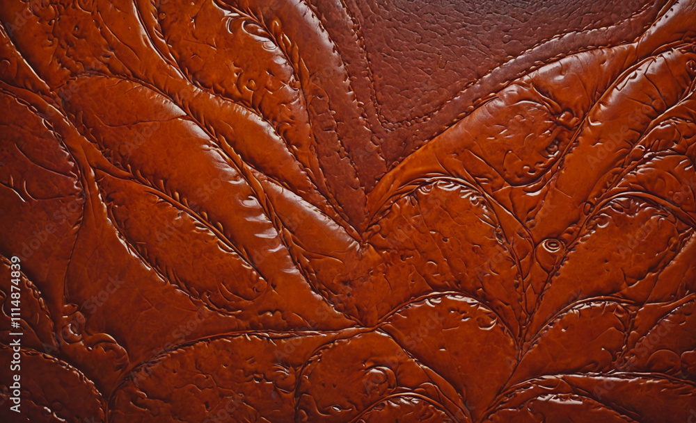 Poster brown leather surface with a leaf pattern. the pattern is very detailed and looks like it is made of