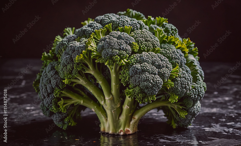 Poster large head of broccoli with green leaves. the broccoli is sitting on a counter