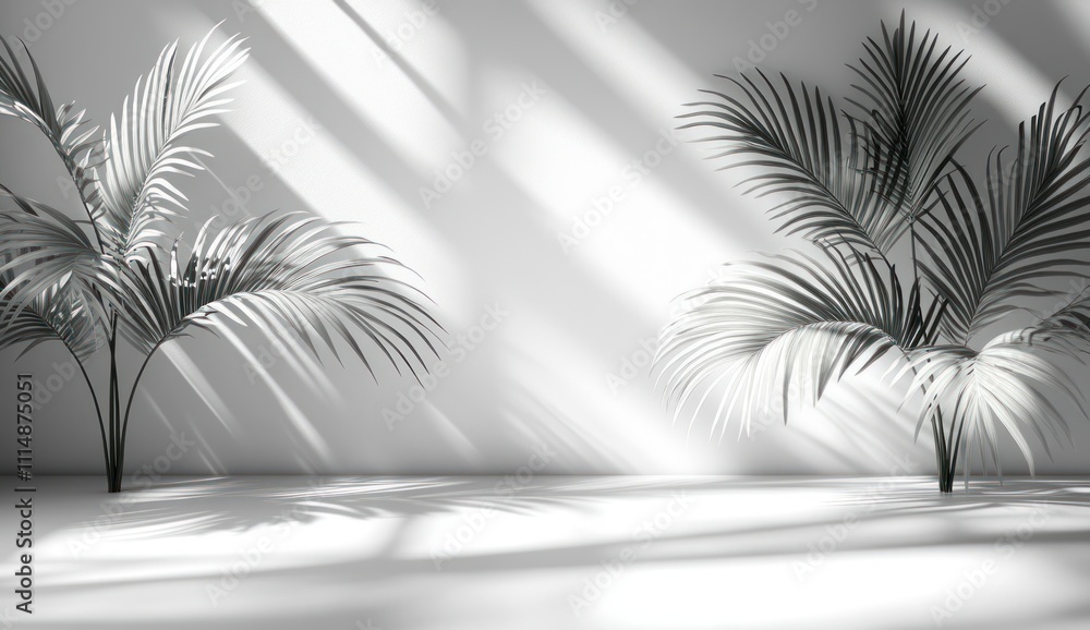 Poster minimalist soft shadows of palm leaves on white background for product display