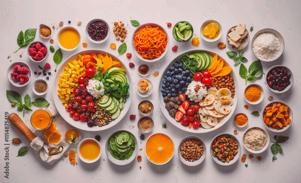 Poster table with many bowls of food on it. one bowl has a lot of fruit in it
