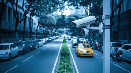 Urban Scene with CCTV Camera Monitoring City Traffic at Daytime