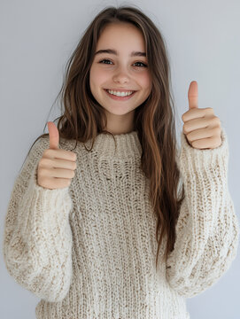 Teen Girl Smiling with Double Thumbs Up for Approval