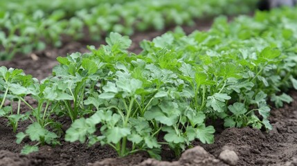 Fresh Green Herb Seedlings Growing in Rich Dark Soil in Garden