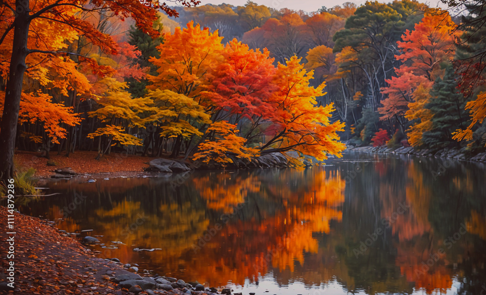 Aufkleber river with a forest on the other side. the water is reflecting the trees. there are many trees on th