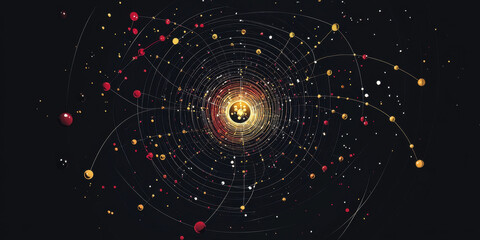 Fototapeta premium Quantum Mechanics and Electron Cloud. A visually striking depiction of the solar system with celestial bodies orbiting around a central point, representing the vastness of space and cosmic structure.