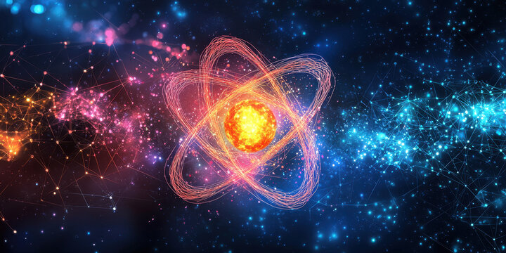 Quantum Mechanics and Electron Cloud. A vibrant depiction of an atom surrounded by cosmic elements, representing the connection between science and the universe.